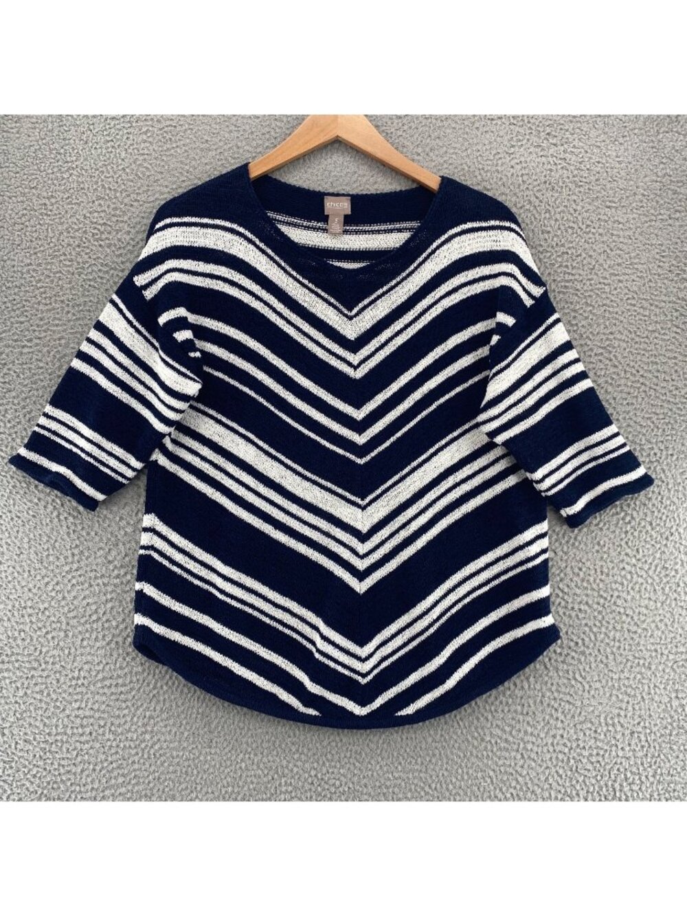Chicos Sweater Womens 3 US Extra Large Navy Striped Chevron Stretch Loose Knit